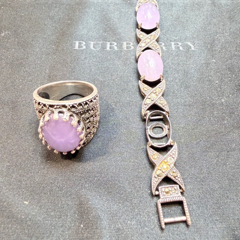 Vintage 925 Sterling Silver Marcasite Lavender Jade Ring and Bracelet Set 39g - Picture 3 of 6